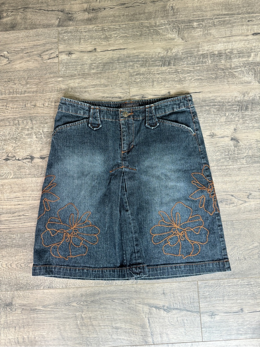 Copper Key Dark Wash Denim A-Line Skirt with Orange Floral Stitching